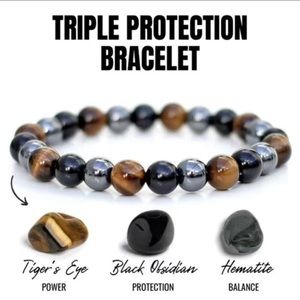 Tiger’s Eyes Gem Men’s Protection Bracelet Tiger’s Obsidian Hematite Unisex